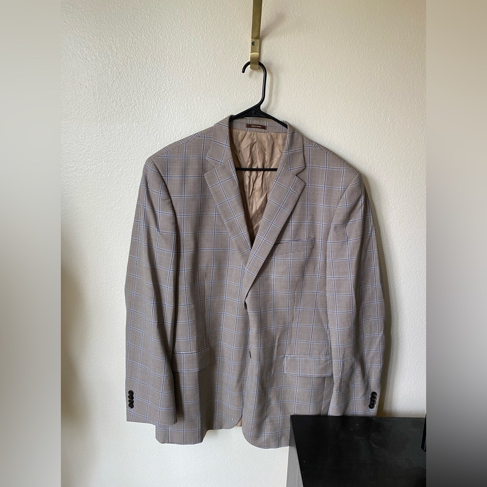Peter Millar Men's Windowpane Plaid 100% Wool Blazer Brown Size 46T Sport Coat